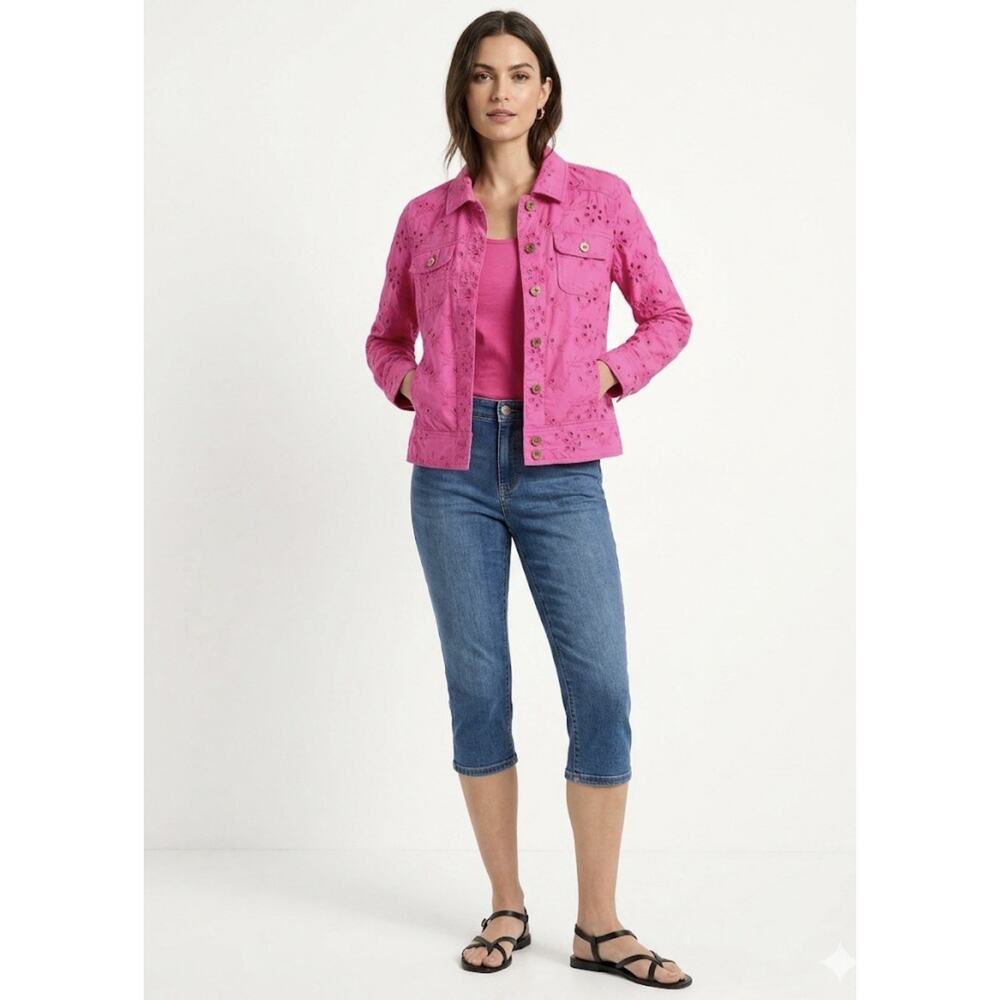 Chicos Linen Blend Fuchsia Eyelet Embroidery Jacket Small Coastal Preppy Shimmer